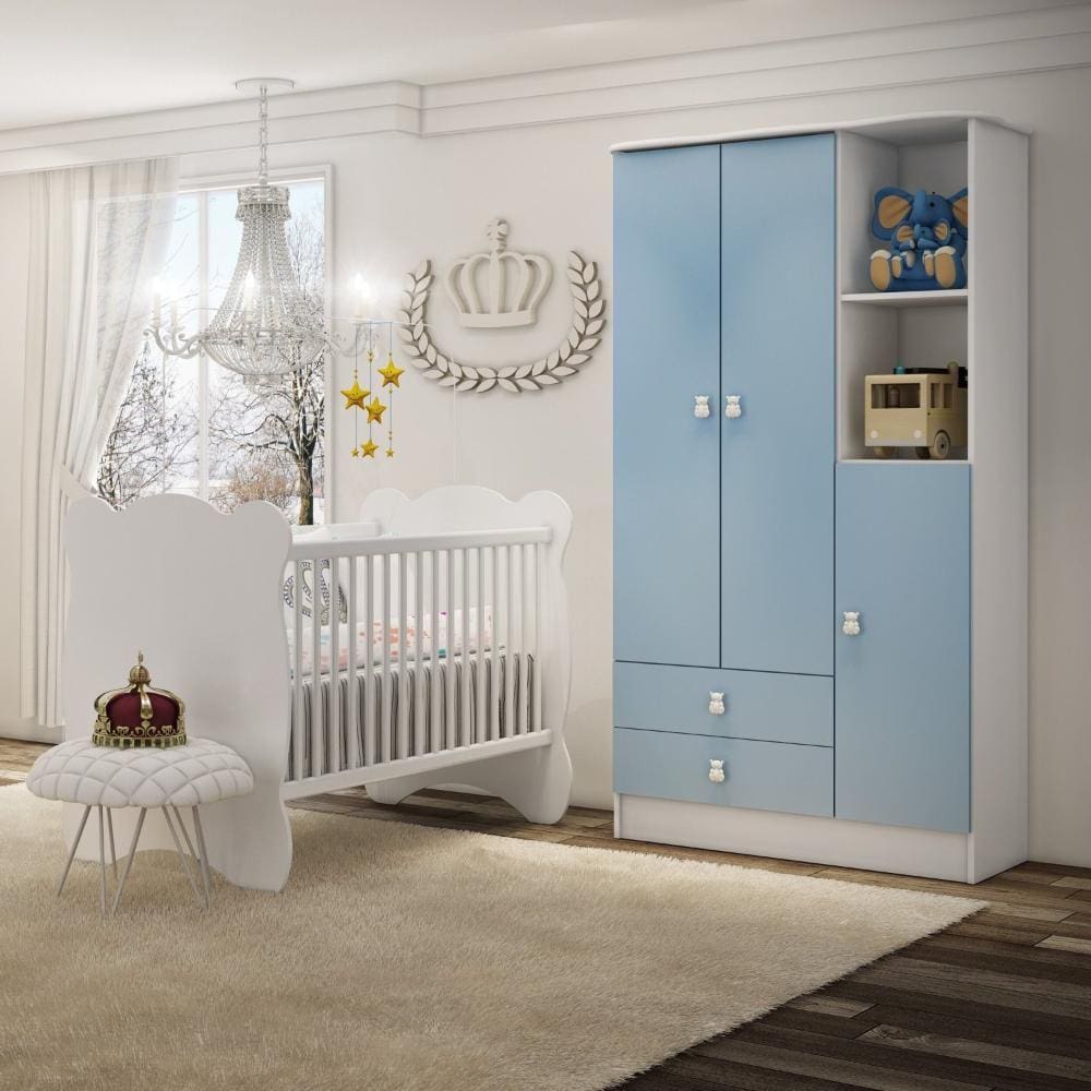Quarto de Bebê Completo Berço com Guarda Roupa 3 Portas 2 Gavetas 2 Nichos Algodão Doce Móveis Percasa Branco/Azul