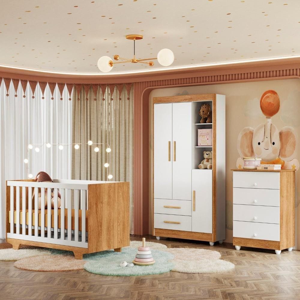 Quarto de Bebê Cômoda Berço e Guarda Roupa com Colchão Nina Amadeirado/Branco