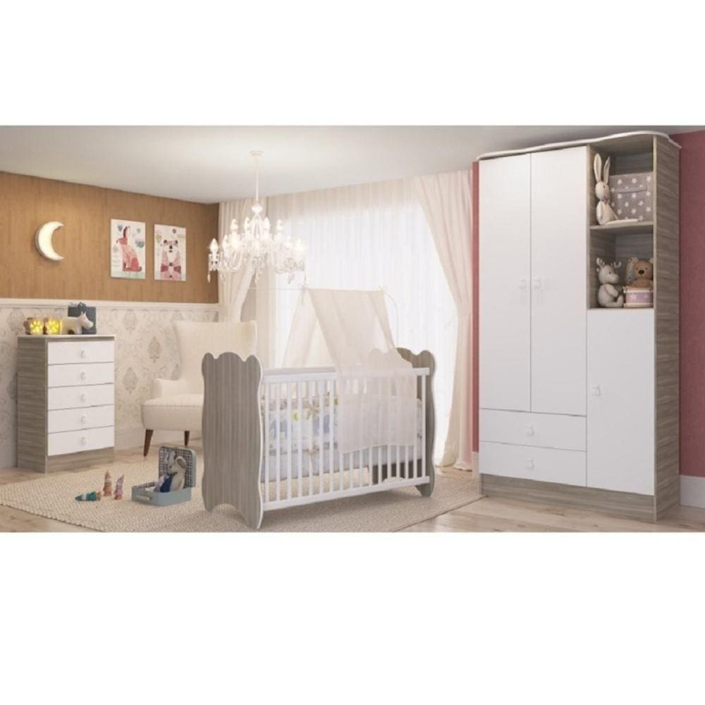 Quarto de Bebê Completo com 1 Berço 1 Cômoda 1 Guarda Roupa Leãozinho Móveis Percasa Fresno/Branco