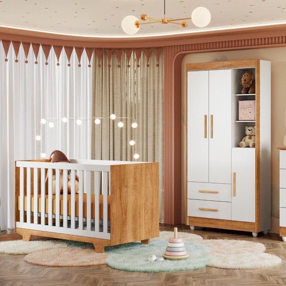 Quarto de Bebê Guarda Roupa 3 Portas e Berço Mini Cama 100% MDF com Colchão Nina Amadeirado/Branco
