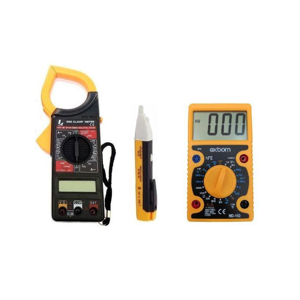 Kit Medição Alicate Amperímetro Multímetro E Detector Tensão