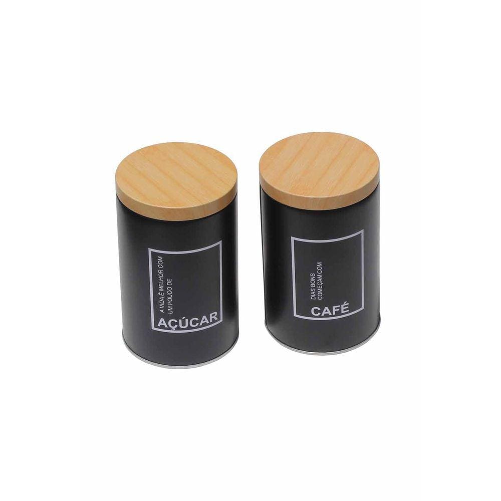 Kit 2 Potes Metálicos Café e Açúcar Preto Fosco 14,5cm