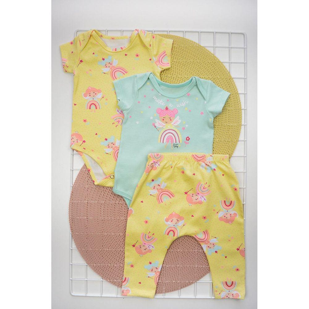 Kit Bebê Menina Fadas em Verde e Amarelo Elian