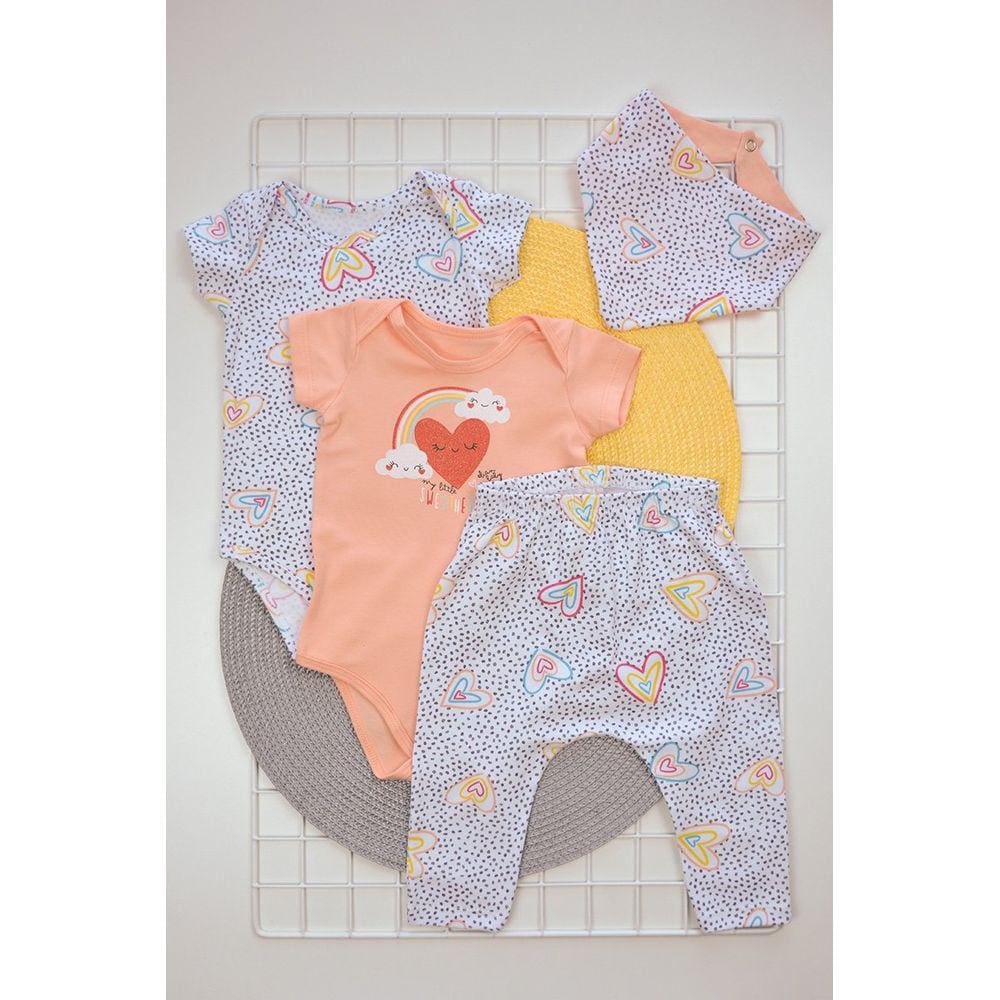 Kit Bebê Menina - Bodies, Calça e Babador de Corações em Laranja Claro Elian