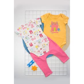 Kit Bebê Menina com Body Manga Curta e Calça - Gatinhas em Rosa e Amarelo Elian