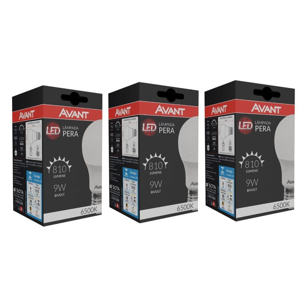 Kit 3 Lâmpada Led 9w A60 E27 6500k Branca Avant