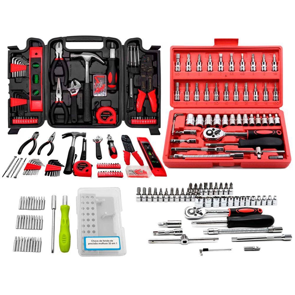 Kit Jogo De Ferramentas 207 Peças Bits Soquete Chave fenda phillips Torx Precisão Catraca Alicate Martelo Trena + Maleta