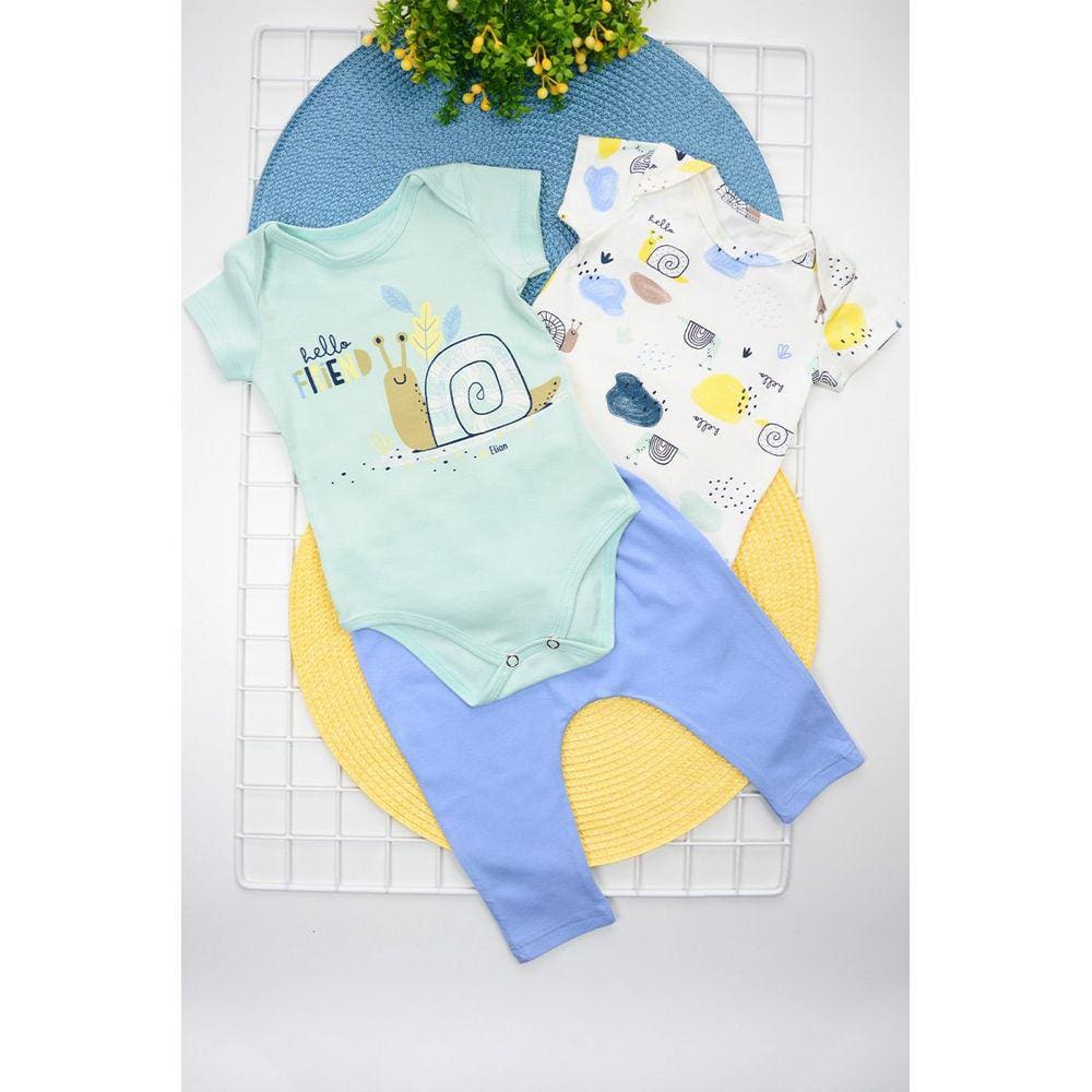 Kit Bebê Menino Estampado em Azul e Verde Algodão Elian