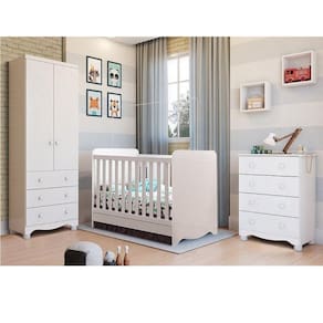 Quarto de Bebê Completo Guarda Roupa 2 Portas Cômoda e Berço Mini Cama Cambalhota Espresso Móveis Branco Brilho