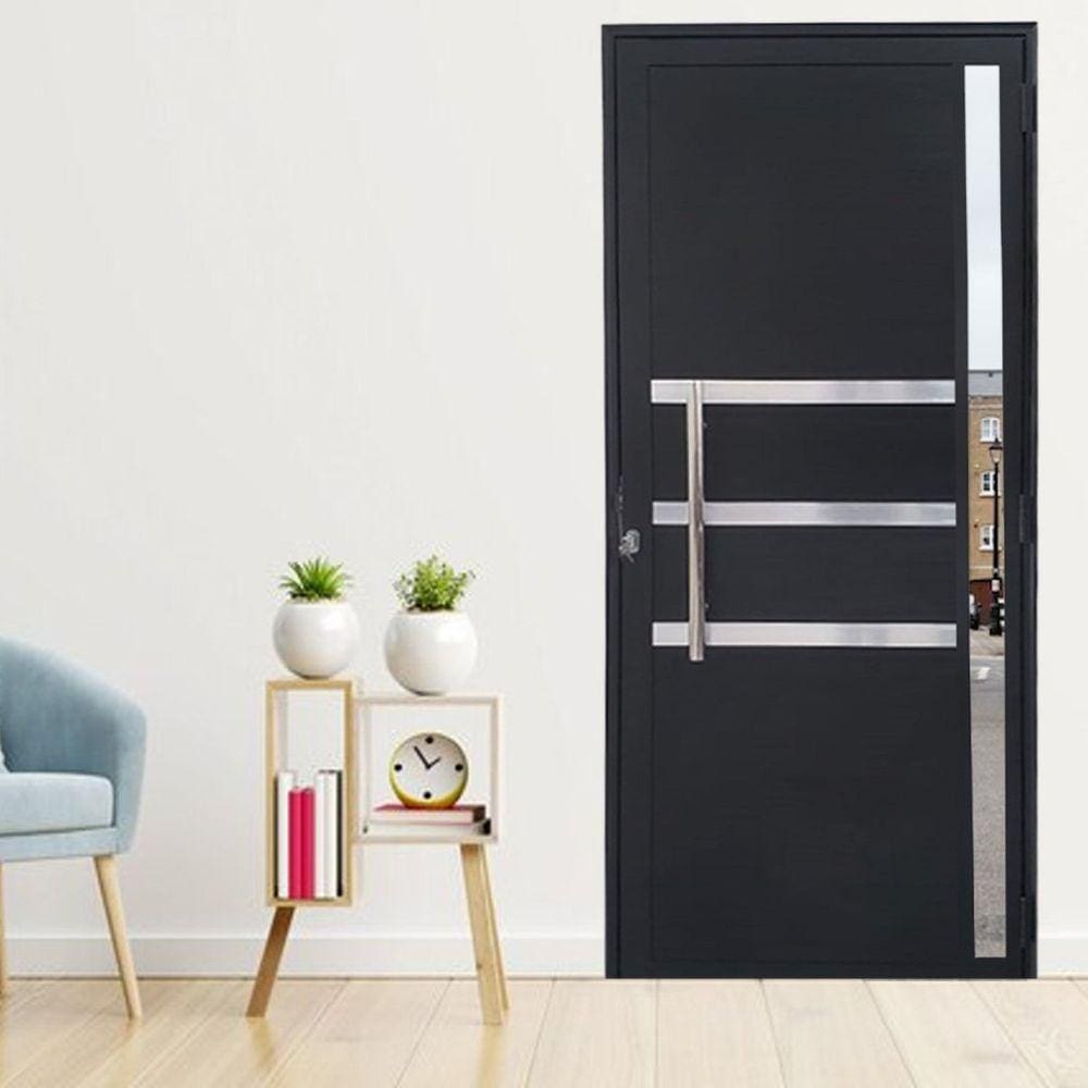 Porta Lambril de Alumínio 210 x 80cm com Friso e Visor Linha Veneza Lado Direito Preto