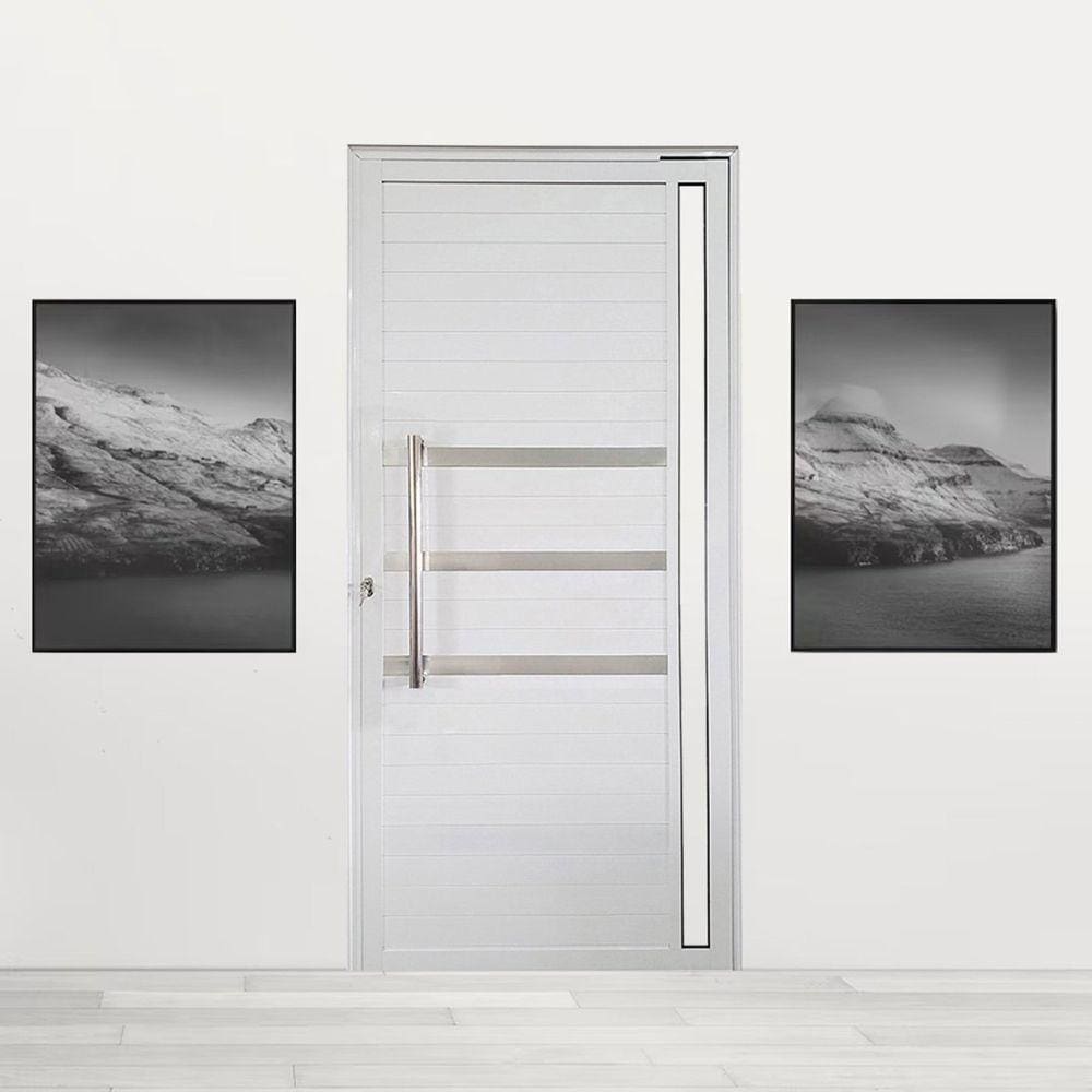 Porta Pivotante de Alumínio 210 x 100cm com Puxador, Friso e Vidro Veneza Esquadrias Bergame Branco