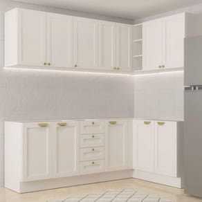 Cozinha Modulada 6 Peças sem Tampo 3 Armários Aéreos e Nichos, 3 Balcões Cabecasa Madeiramadeira Branco