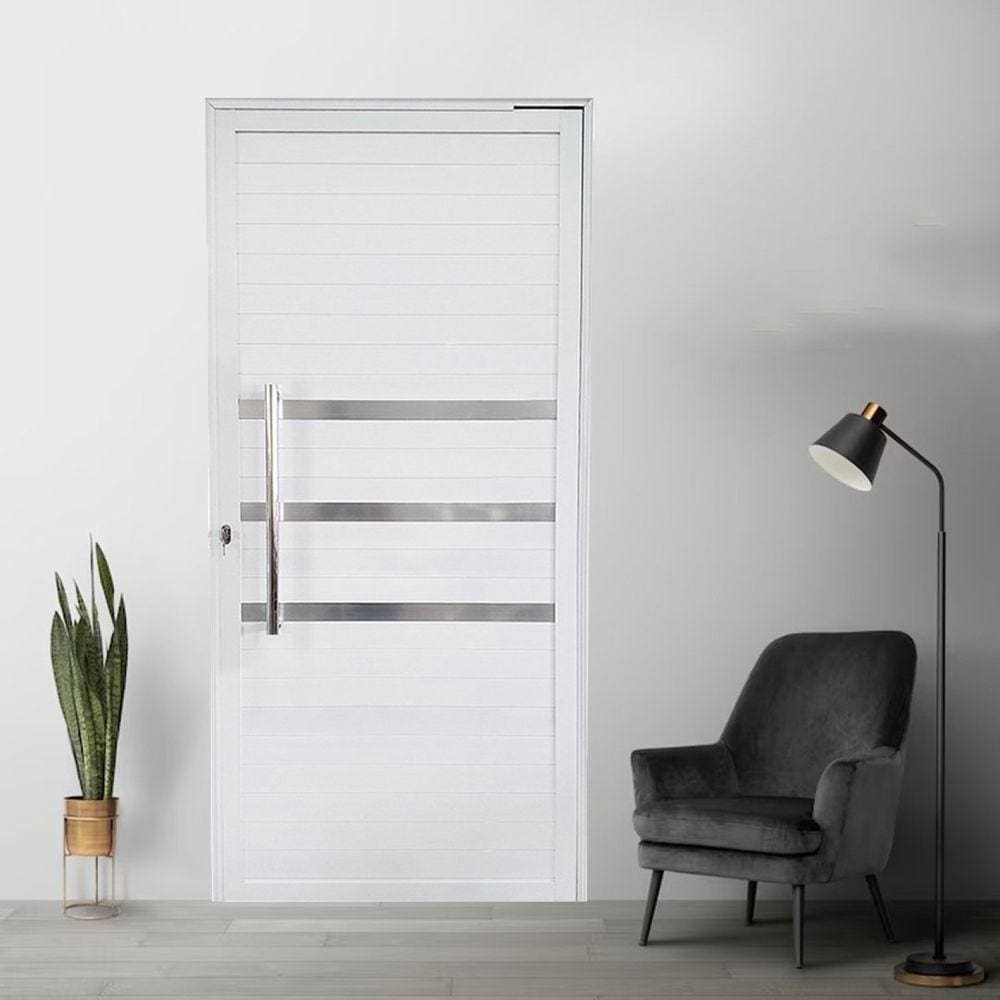 Porta Pivotante de Alumínio 210 x 100cm com Puxador e Friso Veneza Esquadrias Bergame Branco