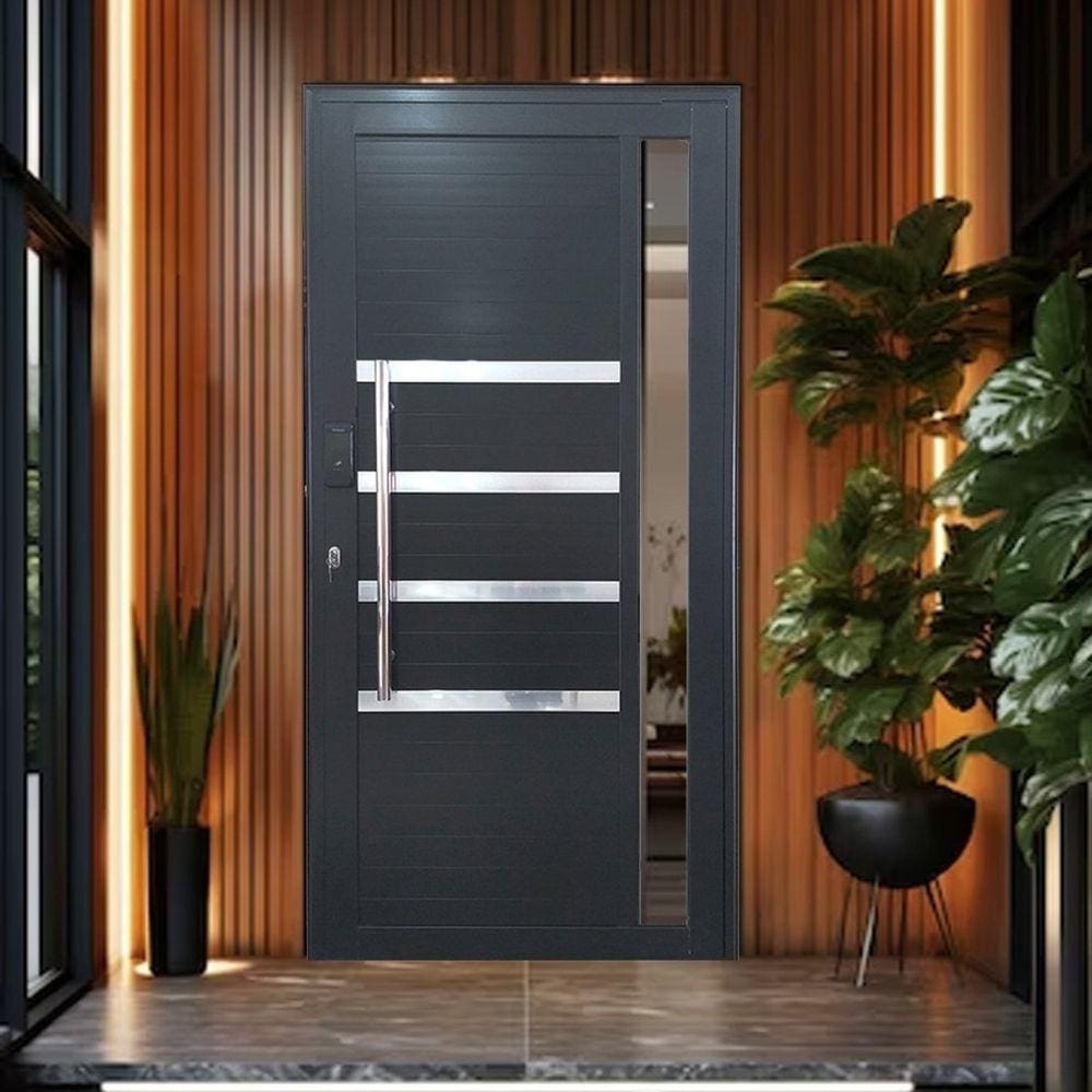 Porta Pivotante de Alumínio 210 x 120cm com Visor, Friso e Fechadura Digital Linha 30 Direita Preto