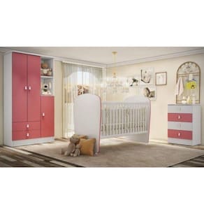 Quarto de Bebê Completo Pimpolho com Guarda Roupa 3 Portas, Cômoda e Berço Espresso Móveis Branco/Rosa