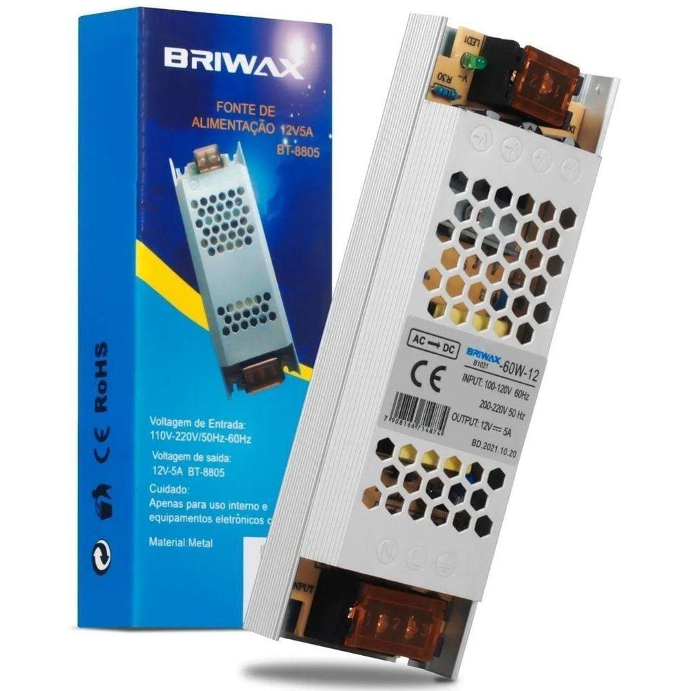 Fonte Driver Slim 12V 60W 5A Chaveada Fita Led Bivolt Cftv
