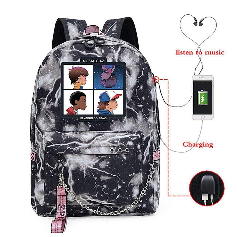 Mochila Casual Stranger Things na porta USB para Boys-Black
