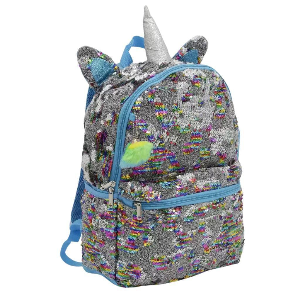 Mochila de Costas Unicórnio Paetê Azul