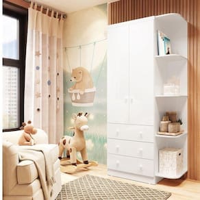 Guarda Roupa Infantil 2 Portas 3 Gavetas e Prateleira Externa 100% Mdf Smim Branco Brilho
