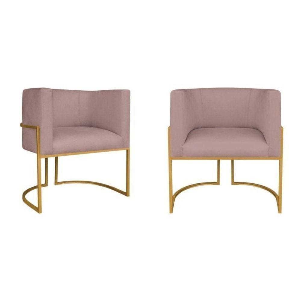 Kit 2 Poltrona Decorativa Base de Ferro Linho Munique  Rosê/Dourado