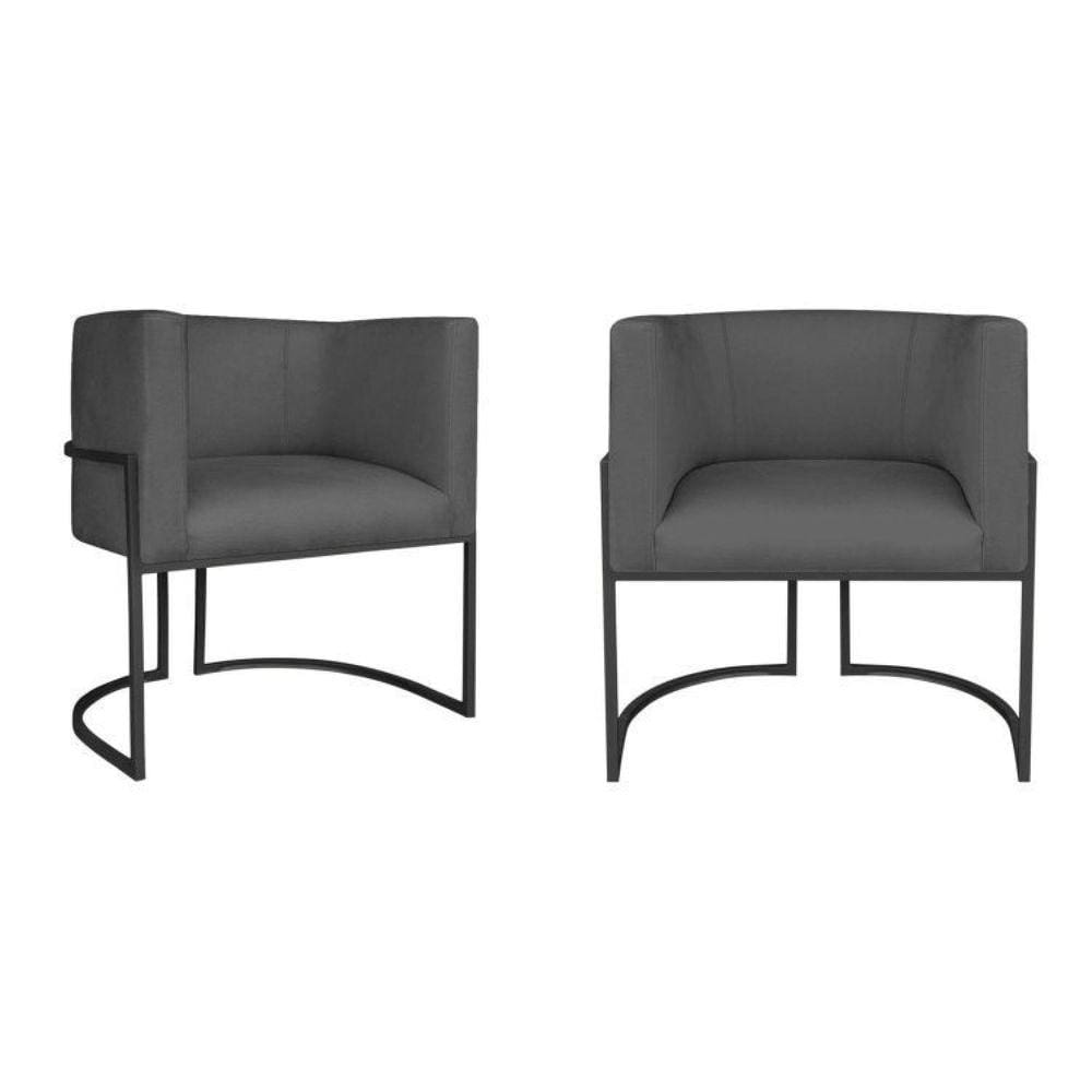 Kit 2 Poltrona Decorativa Base de Ferro Linho Munique  Cinza Escuro/Preto