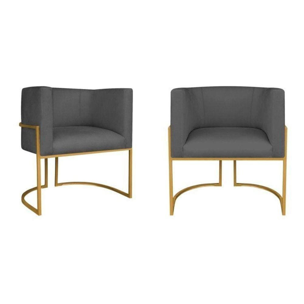 Kit 2 Poltrona Decorativa Base de Ferro Linho Munique  Cinza Escuro/Dourado