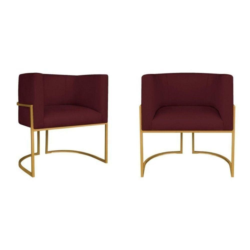 Kit 2 Poltrona Decorativa Base de Ferro Suede Munique  Bordo/Dourado