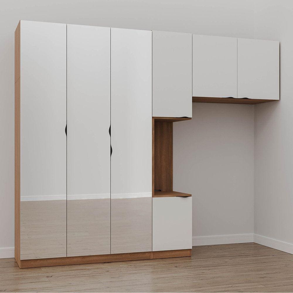 Guarda Roupa Modulado de Solteiro com Espelho e Mesa de Cabeceira Esquerda 7 Portas 3 Peças Hera Cab Louro/Branco Geada/Preto