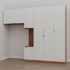 Guarda Roupa Modulado de Solteiro com Mesa de Cabeceira Direita 7 Portas 3 Peças Hera Cabecasa Madei Louro/Branco Geada/Preto