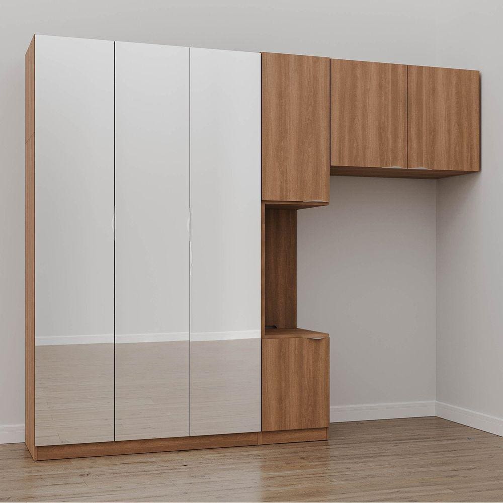 Guarda Roupa Modulado de Solteiro com Espelho e Mesa de Cabeceira Esquerda 7 Portas 3 Peças Hera Cab Louro/Cromado