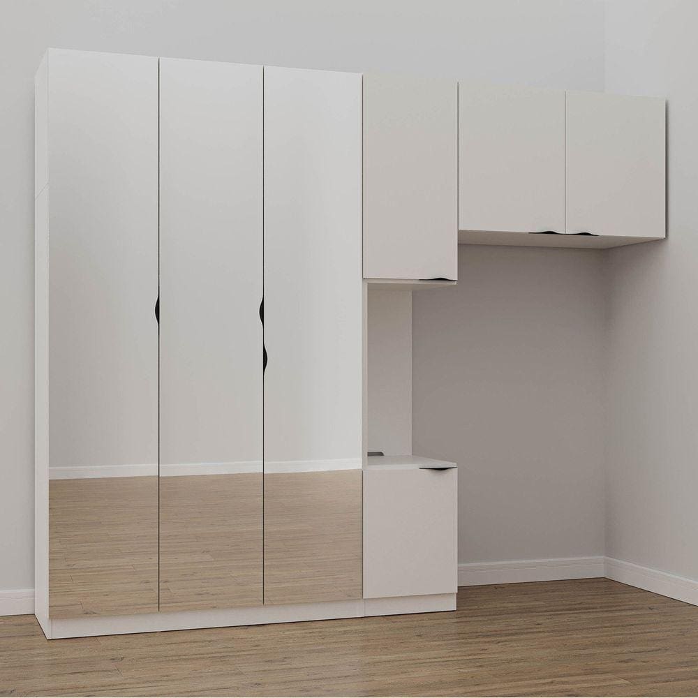Guarda Roupa Modulado de Solteiro com Espelho e Mesa de Cabeceira Esquerda 7 Portas 3 Peças Hera Cab Branco Geada/Preto