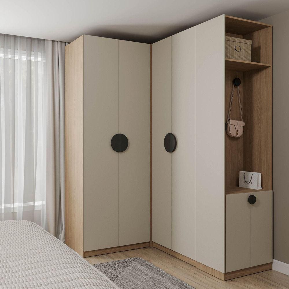 Guarda-roupa Modulado Joy 3 Peças Canto, Nicho com 2 Gavetas e Sapateira Cabecasa Madeiramadeira Cinza