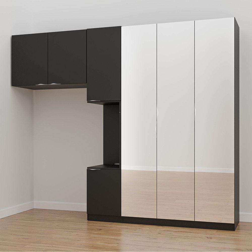 Guarda Roupa Modulado de Solteiro com Espelho e Mesa de Cabeceira Direita 7 Portas 3 Peças Hera Cabe Preto/Cromado