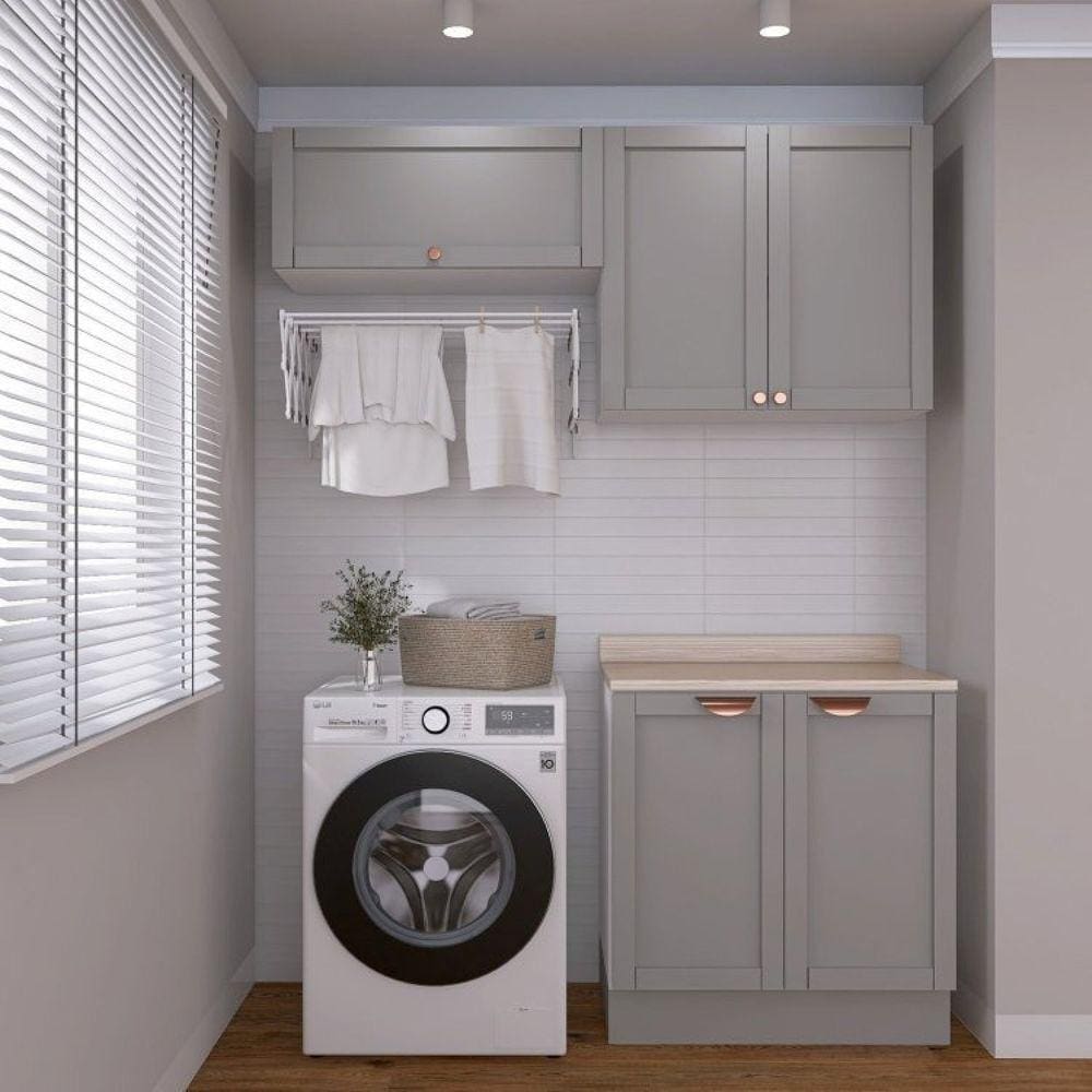 Lavanderia Modulada 3 Peças 2 Armários Aéreos 1 Balcão 2 Portas Cabecasa Madeiramadeira Cinza/Branco