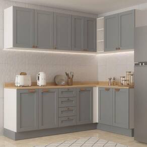 Cozinha Modulada 6 Peças 3 Armários Aéreos e Nichos, 3 Balcões Cabecasa Madeiramadeira Cinza/Branco