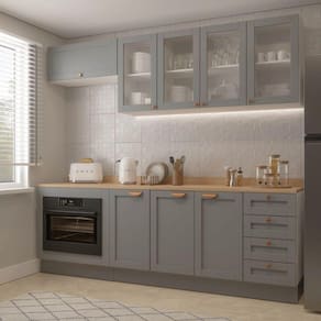 Cozinha Modulada 6 Peças com Tampo, Portas de Vidro e Balcão de Embutir Cabecasa Madeiramadeira Cinza/Branco