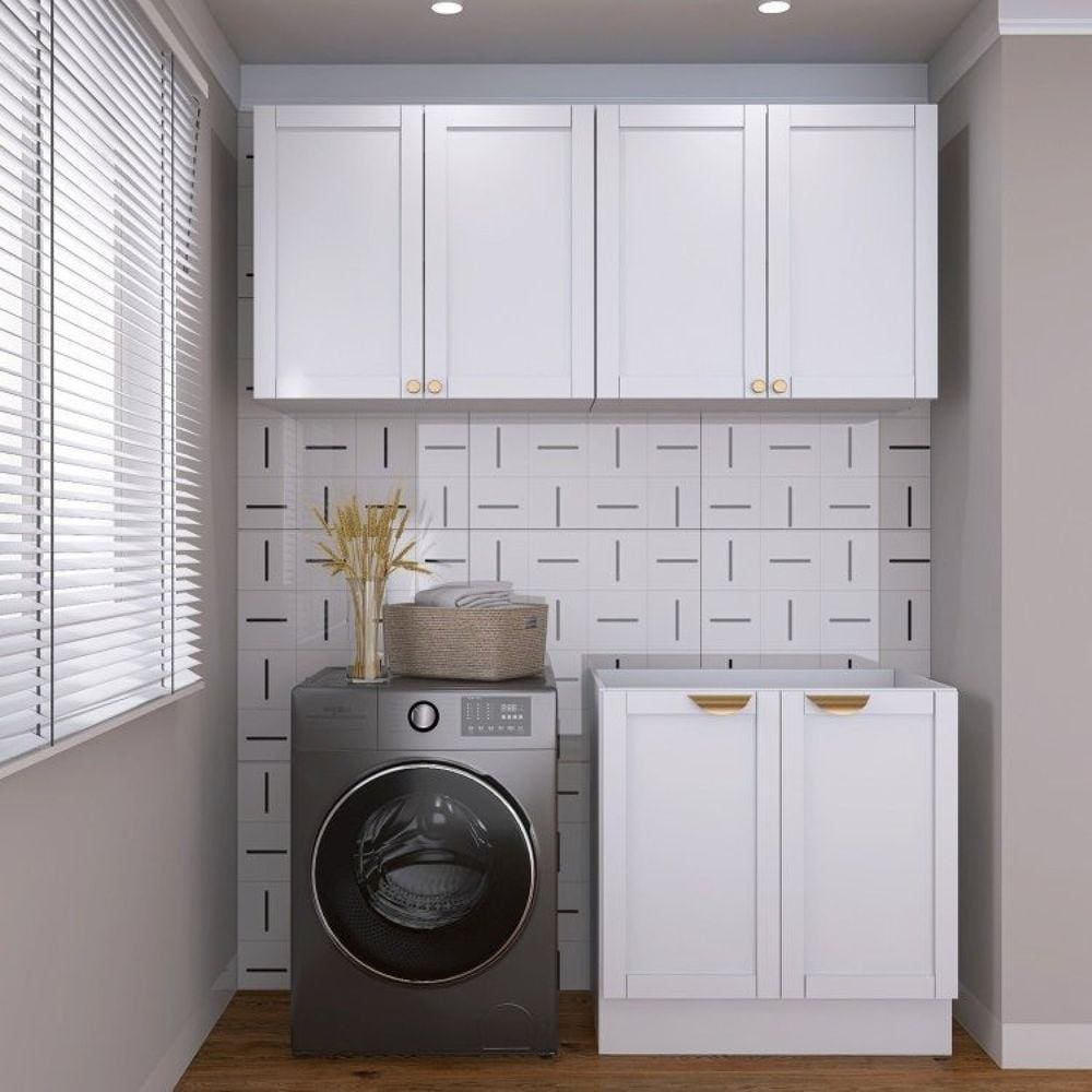 Lavanderia Modulada 3 Peças sem Tampo 2 Armários Aéreos 4 Portas 1 Balcão Cabecasa Madeiramadeira Branco