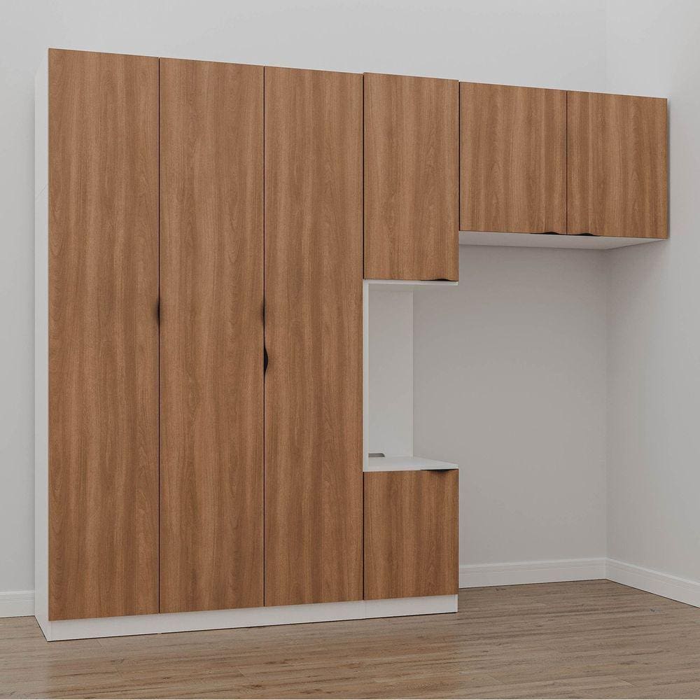 Guarda Roupa Modulado de Solteiro com Mesa de Cabeceira Esquerda 7 Portas 3 Peças Hera Cabecasa Made Branco Geada/Louro/Preto