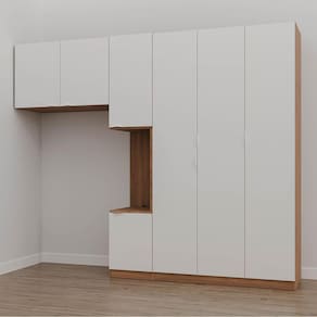 Guarda Roupa Modulado de Solteiro com Mesa de Cabeceira Direita 7 Portas 3 Peças Hera Cabecasa Madei Louro/Branco Geada/Cromado
