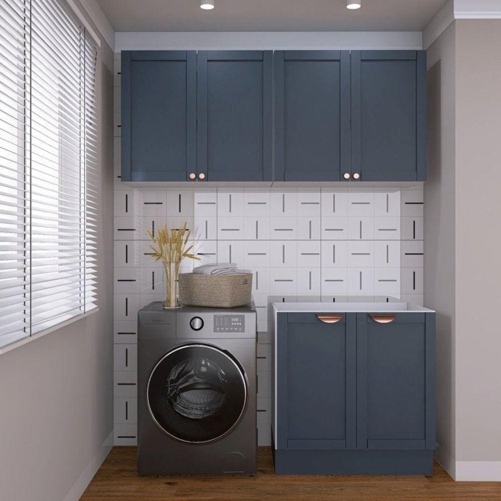 Lavanderia Modulada 3 Peças sem Tampo 2 Armários Aéreos 4 Portas 1 Balcão Cabecasa Madeiramadeira Azul/Branco