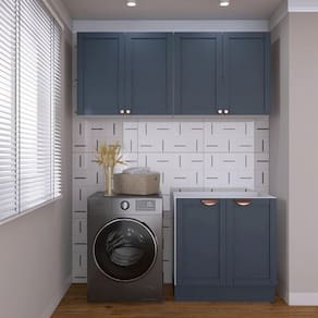 Lavanderia Modulada 3 Peças sem Tampo 2 Armários Aéreos 4 Portas 1 Balcão Cabecasa Madeiramadeira Azul/Branco