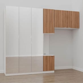 Guarda Roupa Modulado de Solteiro com Espelho e Mesa de Cabeceira Esquerda 7 Portas 3 Peças Hera Cab Branco Geada/Louro/Cromado