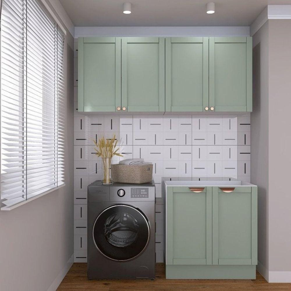 Lavanderia Modulada 3 Peças sem Tampo 2 Armários Aéreos 4 Portas 1 Balcão Cabecasa Madeiramadeira Verde/Branco