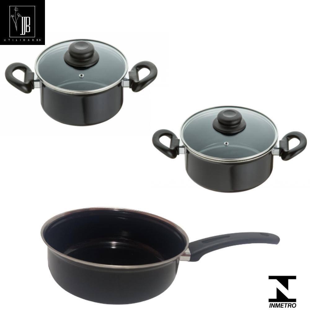Jogo Panelas 3 Pçs Preto Indução Cooktop Elétrico Á Gás