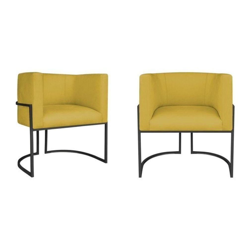 Kit 2 Poltrona Decorativa Base de Ferro Suede Munique Amarelo/Preto
