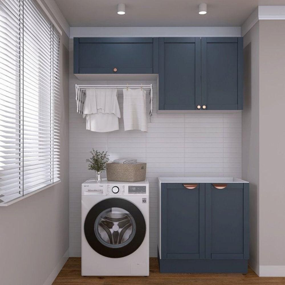 Lavanderia Modulada 3 Peças sem Tampo 2 Armários Aéreos 1 Balcão 2 Portas Cabecasa Madeiramadeira Azul/Branco