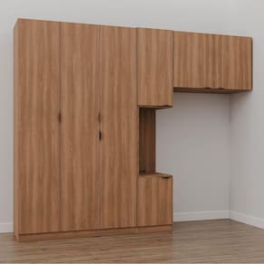 Guarda Roupa Modulado de Solteiro com Mesa de Cabeceira Esquerda 7 Portas 3 Peças Hera Cabecasa Made Louro/Preto