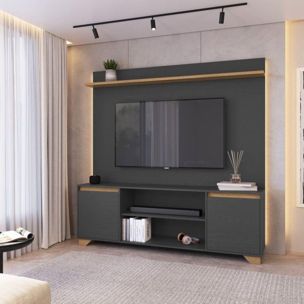 Conjunto Sala de Estar Rack 2 Portas com Painel para Tv até 50 Polegadas Benevello Grafite/Siena