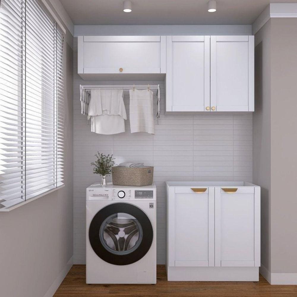 Lavanderia Modulada 3 Peças sem Tampo 2 Armários Aéreos 1 Balcão 2 Portas Cabecasa Madeiramadeira Branco