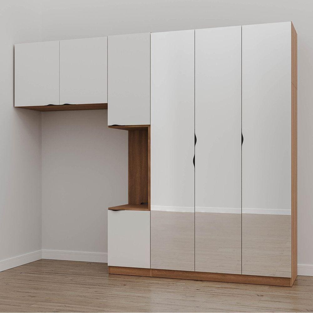 Guarda Roupa Modulado de Solteiro com Espelho e Mesa de Cabeceira Direita 7 Portas 3 Peças Hera Cabe Louro/Branco Geada/Preto